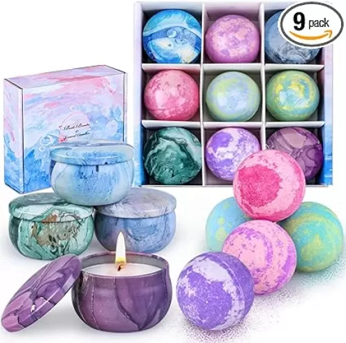 Bath Bombs Gift Set - 5 Large Fizzy Spa Bombs with 4 Scented Candles for Women - Moisturizing Bubble Bath with Essential Oils for Valentine