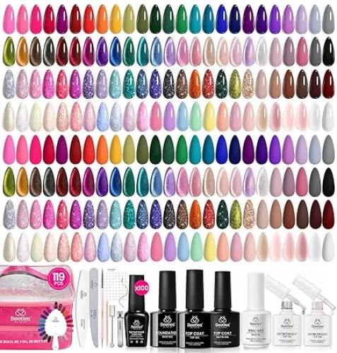 Beetles Gel Nail Polish Set, 119 PCS 100 Colors Gel Polish Kit Base Glossy Matte Glitter Top Coat Neon Glitter Pearl Cat Eye White Red Pink Nude Nails Gift for Women Beetles Infinite Styles 100 Colors