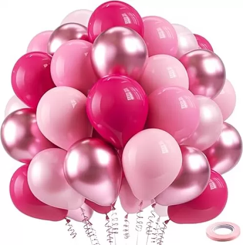 Bezente Pink Balloons Set, 60pcs 12 inch Metallic Pearl Pink, Hot & Pastel Pink Latex Balloons Kit for Birthday, Wedding, Baby Shower, Princess Theme Party Decorations