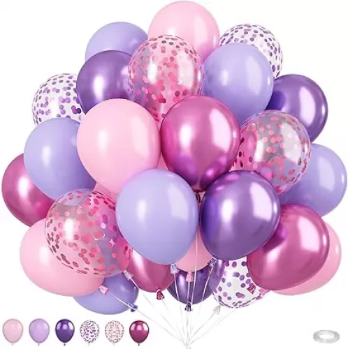 Biapian 50PCS 12 Inch Pink Purple Balloons: Metallic & Confetti, Party Balloons for Birthday, Wedding, Baby Shower, Unisex Adults & Children