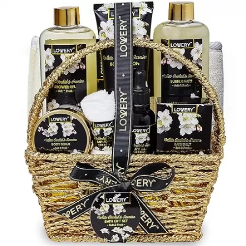 Birthday Gifts for Mom, Bath and Body Gift Basket for Women and Men – Orchid & Jasmine Home Spa Set With Body Scrubs, Lotions, Oils, Gels and More - Care Package for Women & Men - 9 Piece Set