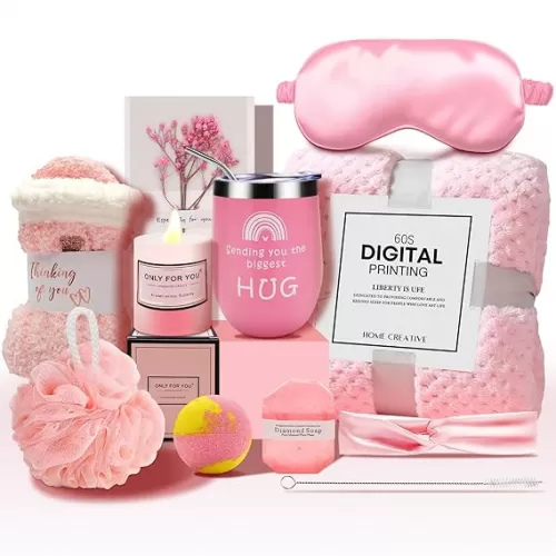 Birthday Gifts for Women - Self Care Gifts, Get Well Soon Gifts for Women, Unique Relaxing Spa Gifts Basket with Flannel Blanket, Tumbler, Socks, Soap & Candle, for Grandma Sister Mom, Wife, Her