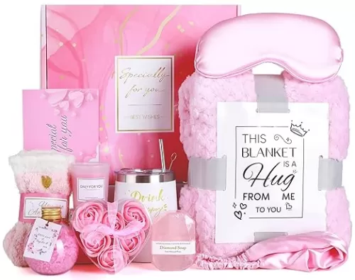 Birthday Gifts for Women, Self Care Gifts Get Well Gifts Gift Basket, Rose Relaxing Spa Gift for Women, Gift for Her Mom Wife Girlfriend Best Friend Sister, with Luxury Blanket, Mothers Day Gifts