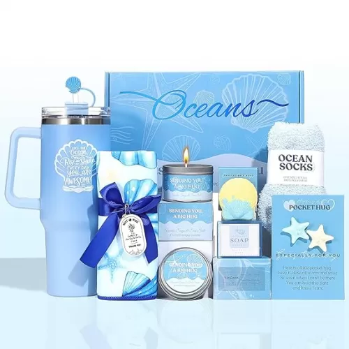 Blue Birthday Gifts for Women , Ocean Spa Gifts for Women Self Care Gifts Box Set, Get Well Soon Gift Care Package Gift Baskets for Her, Girlfriend, Sister, Mom, Best Friend Thank You Gifts