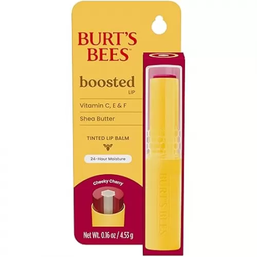 Burt’s Bees Back to School Gift Ideas, Tinted Boosted Balm, Cheeky Cherry, Hydrating Tinted Lip Balm with Vitamin C, E, and F Core, 24 Hour Lip Moisturizer, 100% Natural Origin, 1 Count, 0.16oz