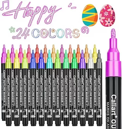 Caliart Easter Basket Essentials, 24-Color Shimmer Outline Markers, Easter Basket Stuffers-Teen Girl Gifts Trendy Stuff, Glitter Pens Set Classroom Art Supplies for 4-6-8-10-12 Year Old Kids