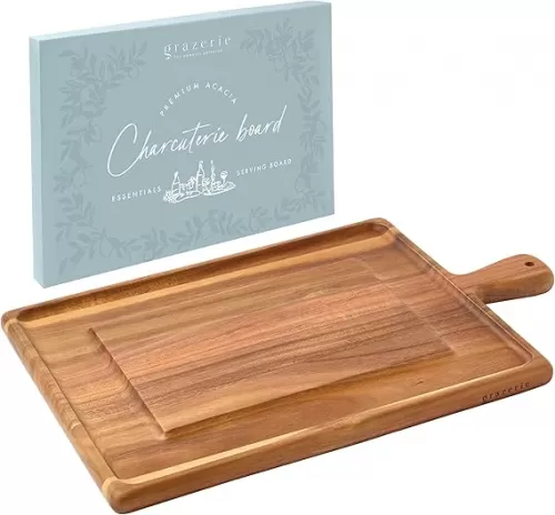 Charcuterie Board - Acacia Serving Board with Handle and Fruit Nut Cracker Channel - Kitchen Essential for Entertaining, House Warming Gift, Wedding Gift