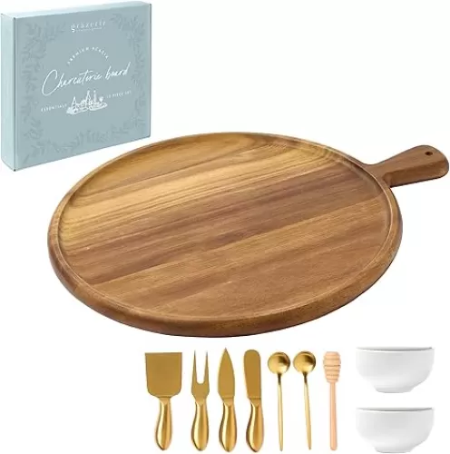 Charcuterie Board Gift Set - Acacia Round Serving Tray with Handle and Complete Knife Set with Bowls for Entertaining - 10 Piece Set for House Warming Wedding Gift