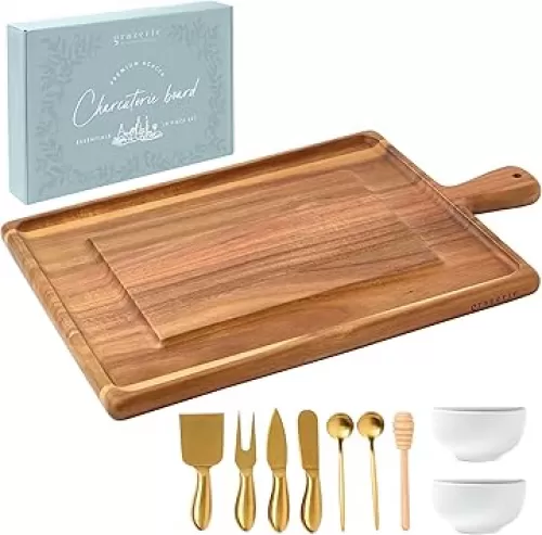 Charcuterie Board Gift Set - Acacia Serving Board with Handle and Complete Knife Set with Bowls for Entertaining - 10 Piece Set for House Warming Wedding Gift