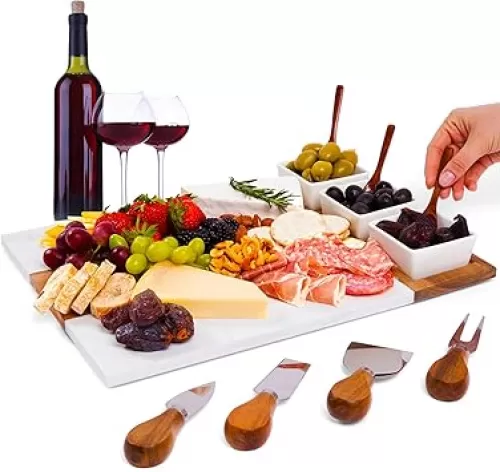Charcuterie Board Gift Set Acacia Wood and Marble - 11 Piece Cheeseboard Serving Tray - Includes Cheese Knives Utensils, Ceramic Bowls, Wooden Spoons - Home Housewarming Gift - for Hosting Appetizers