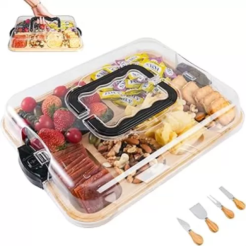 Charcuterie Board with Clear Locking Lid, Travel Portable Cheese Board Set, Bamboo Cutting Boards for Kitchen, House Warming Gifts New Home, Gifts for Women (Black - 6 Compartments)