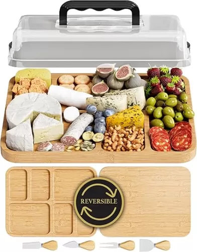 Charcuterie Board with Lid - Reversible, 2-in-1 Travel Portable Cheese Board for Picnics & Entertaining - Housewarming Gift Set Idea - Covered Snack Serving Tray - Large Food Platter