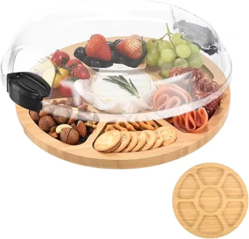 Charcuterie Board with Lid and Handle - Portable Cheese Platter for Travel, Bamboo Cutting Tray for Kitchen, Gifts for House Warming, Bridal Shower (7 Compartment, Black)