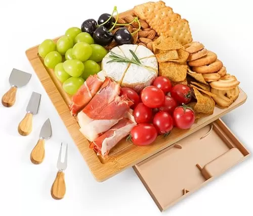 Charcuterie Boards Cheese Board Set, Small Charcuterie Board Bamboo Cheese Board with Slide-Out Drawer, House Warming Gifts New Home, Wedding Gifts for Couple, Bridal Shower Gift