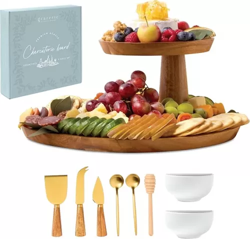 Charcuterie Boards Gift Set - Acacia Two-Tier Serving Tray with Knife Set and Bowls for Entertaining