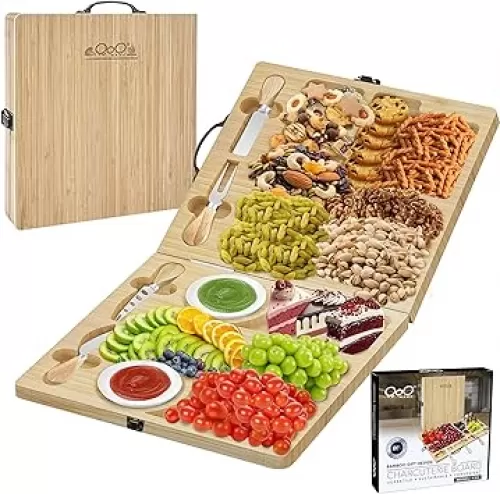 Charcuterie Boards Gift Set – Large Foldable Bamboo Cheese Board with Magnetic Utensil Storage, Multi-Compartment Design for Family Gatherings, Picnics, Parties & Holiday Entertaining