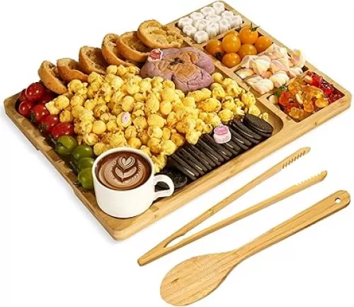 Charcuterie Boards Gift Set:15.7"L x 11.8"W Large Bamboo Cheese Board, Serving tongs, Spoon & User manual, Gift Idea for House Warming, Anniversary, Wedding, Birthday