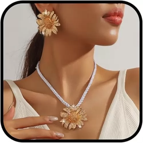 Chic Floral Pendant Necklace Earrings Set for Women Elegant Sunflower Design Jewelry with Gold/Silver for Anniversaries Bridesmaid Weddings Gifts