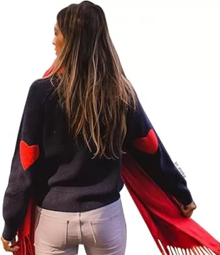 CHICWISH Women Comfy Casual Long Sleeve Heart Shape Patched Grey/White/Navy Knit Top Pullover Sweater