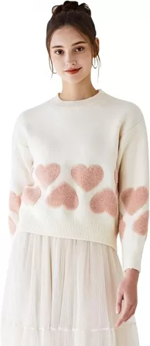 CHICWISH Women Oversized Sweaters Tender Fuzzy Heart Jacquard Crewneck Long Sleeve Fashion Pullover Sweater Jumper Tops Ivory