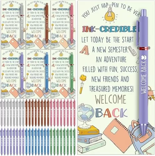 Cholemy 48 Sets Welcome Back to School Gifts Sets Include Motivational Ballpoint Pen with Greeting Card and Cable Ties for School Classroom Stationery Supplies Teacher Students Practical Gifts