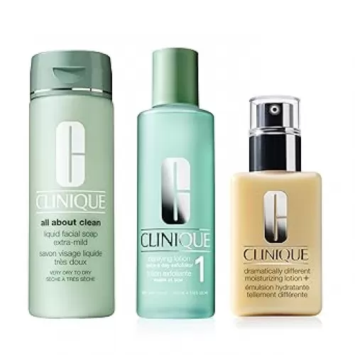 Clinique 3-Step All About Clean Liquid Face Soap, Clarifying Lotion Face Exfoliator and Dramatically Different Lotion+ For Dry to Dry Combination Skin Types Full Size Set