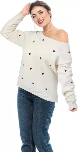 Coume Women Valentine Heart Sweater V Neck Embroidery Knit Long Sleeve Loose Casual Pullover for Girlfriend Wife Gift