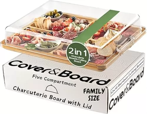 Cover&Board 2-in-1 Charcuterie Board with Lid, Large 12x16 Bamboo Cutting Board and Wooden Tray with 5 Compartments and Clear Cover, Charcuterie and Cheese Server for Entertaining and Travel, Gift Box