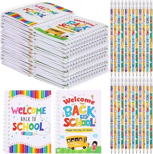 Crtiin 48 Pcs Back to School Gift Set for Kids First Day of School Notebooks Pencils Set Pencils with Small Spiral Notepad Party Supplies Decorations Gifts Prize Goodie Bag (Classic Styles)
