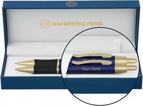 Dayspring Pens - Personalized Monroe Blue Ballpoint Pen and Pencil Set with Gift Case. Engraved Gift for Graduation, Birthday, or Business. Custom Click-Action Pen and Pencil Set.