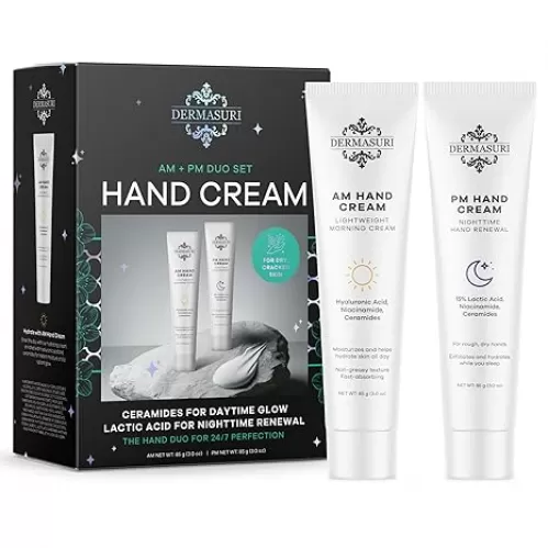 Dermasuri Day and Night Therapeutic Hand Cream for Dry, Cracked Hands - AM Lightweight Moisturizing Exfoliator & PM Overnight Renewal Lotion Softening Hydrating Treatment Unscented 3 oz Each Pack of 2