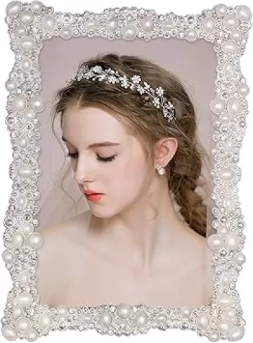 DIKAR 4x6 Picture Frame with Rhinestones and Pearls for Wedding Gift, Wedding Picture Frame Silver Plated for Tabletop Display (Real Glass)