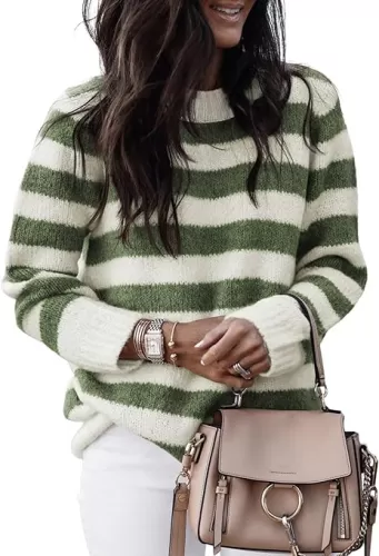 Dokotoo Sweaters for Women 2025 Crewneck Striped Cute Color Block Fall Winter Knitted Pullover Tops
