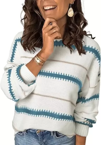 Dokotoo Womens Color Block Sweaters Long Sleeve Crewneck Pullover Knit Jumper Tops