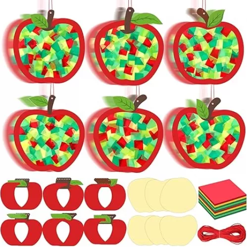 DoubleFill 48 Sets Back to School Apple Suncatchers Crafts Kit DIY First Day of School Tissue Paper Suncatchers Craft Kit DIY Ornaments Gifts for Students Classroom Party Activity Decor