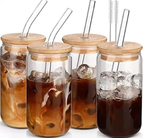 DWTS DANWEITESI Glass Cups with Lids and Straws 4 pcs, 16oz Drinking Glasses Set for Coffee Bar Accessories Iced Coffee Cups with Lids, Glass Tumbler Reusable for Gifts