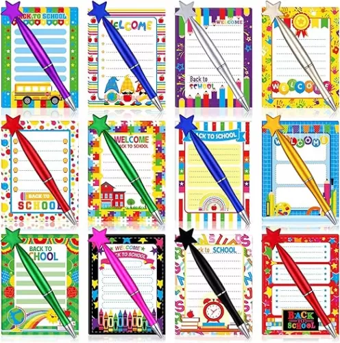 Eaasty 48 Pcs Welcome Back to School Gifts Bulk First Day of School Notepad Pen Set 24 Colorful Mini Notebook 24 Shaped Ballpoint Pen for Student Teachers Classroom Party Favors Supplies Gift