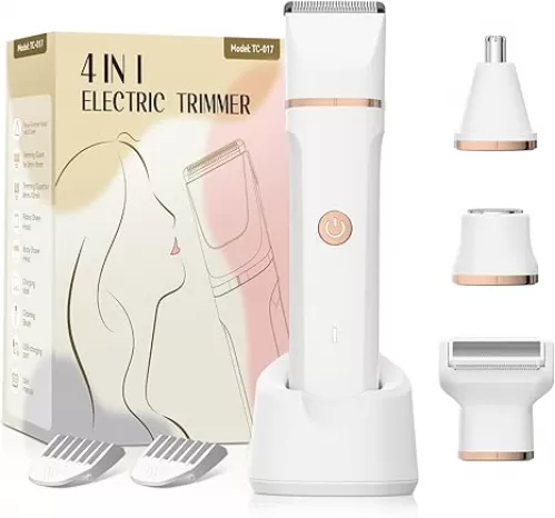 Electric Bikini Trimmer for Women - 4 in 1 Electric Razors for Women, Waterproof Pubic Hair Trimmers and Facial Hair Remover, Replaceable Shaver & Nose Hair Trimmer, Rechargeable Women