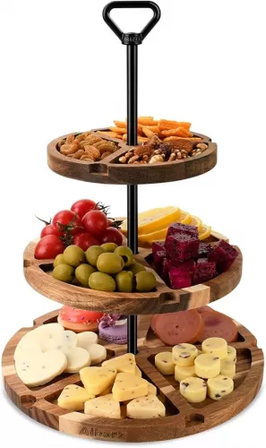 Elegant Charcuterie Boards Three Tiered Acacia Cheese Board and Cupcake Stand with 360° Easy-to-Spin Trays, Perfect for Gatherings, Housewarming Gifts, Celebrations, and Daily Usage.