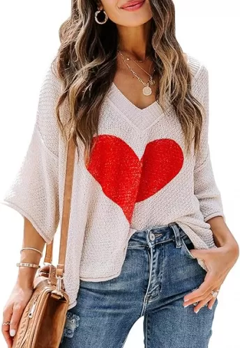 Ermonn Womens Cute Heart Sweater V Neck Crochet Knit Off Shoulder 3/4 Sleeve Pullover Tops Shirts