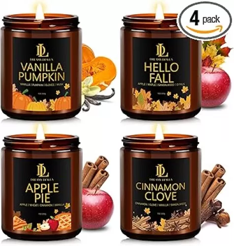 Fall Candle Set, Fall Scented Candles for Home, 4 Pack Soy Candle Set, Holiday Gift for Women Men, Scents of Cinnamon Clove/Vanilla Pumpkin/Apple Pie/Hello Falls