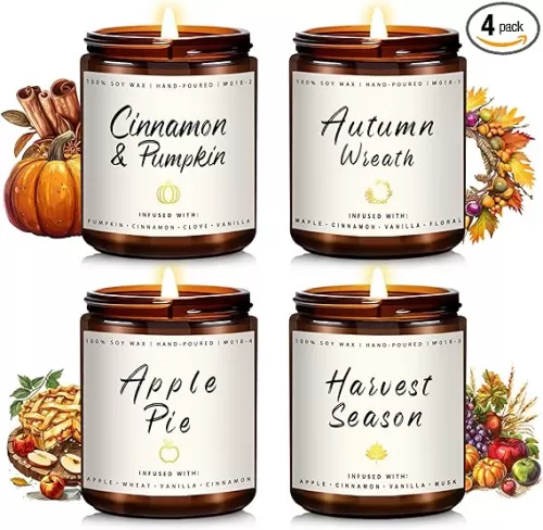 Fall Candles | 4 Pack Scented Candles, Soy Wax Candle Gifts for Women Men, Autumn Candle Home Scented, Fall Gift for Home Decor - Apple Pie/Cinnamon/Harvest/Wreath