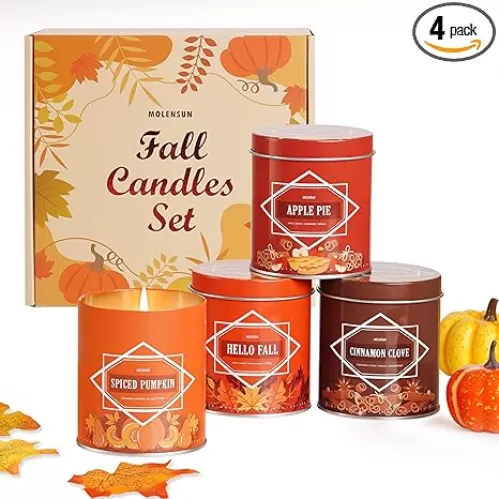 Fall Scented Candles Gift Set – 4 Pack of 9Oz Soy Candles, Autumn Fragrances (Pumpkin Spice, Apple Pie, Hello Fall, Cinnamon Clove), Holiday Gifts for Women & Men
