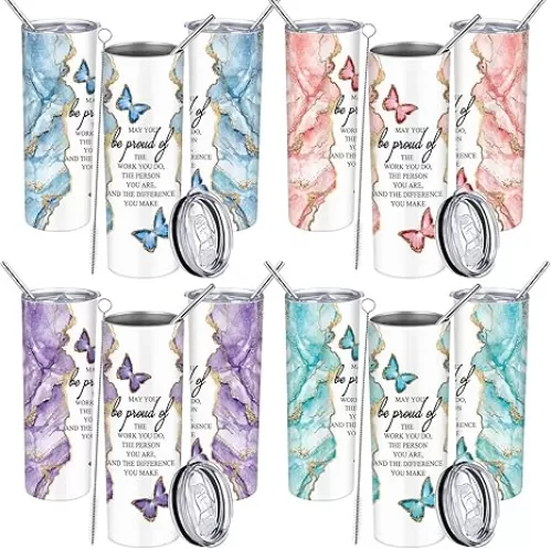 Geiserailie 4 Pack Teacher Appreciation Gifts Bulk 20 oz Marble Tumblers Thank You Tumblers with Lid Housekeeping Week Gifts for Women Employee Coworker Staff Back to School Supplies (Fresh Color)