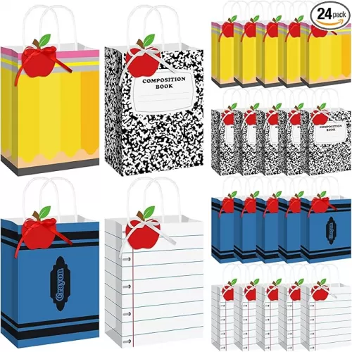 Geyoga 24 Sets Back to School Gift Bags with Apple Tags Pencil Notebook Composition Book Crayons Gift Bags Teacher Appreciation Party First Day of School Favors Wrapping 5.9 x 3.15 x 8.27 Inches