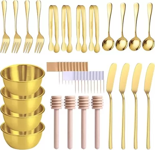 Gold Charcuterie Boards Accessories(26 PCS), Gift Box Packaging, With Ceramic Dip Bowls, Wooden Handle Cheese Spreader Butter Knive Set, Mini Tongs, Spoons, Forks, Honey Dipper, Cocktail Picks