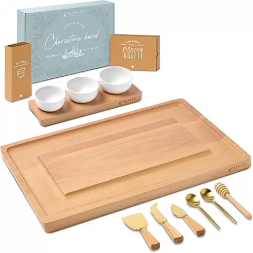 Grazerie Charcuterie Boards Gift Set - Beech Wood Serving Tray with Side Handles, Bowl Serving Board, and Knife Set with Bowls for Entertaining - 11 Piece Set