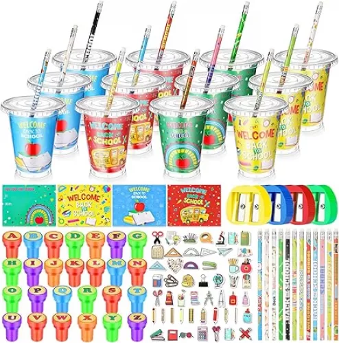 Hsei 222 Pcs Back to School Gift for Kid Welcome to School Stationery Set with Cups Cards Pencils Stickers Erasers Stamper Sharpener for First Day of Student Classroom Reward Prizes Goodie Gift