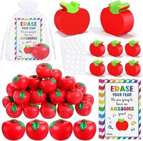 Janlaugh 32 Set Back to School Gifts Favor Apple Erasers Red Apple Stress Ball First Day of School Motivational Greeting Cards Bulk for Students Decorations Classroom Prizes Rewards Party Supplies