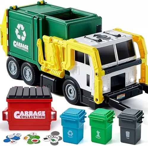 JOYIN Large Friction Powered Garbage Truck Toy Set, Includes Dumpster, Trash Bins, and Learning Cards for Kids, Boy Toys Birthday Gift for Boys Girls Kids Toddler